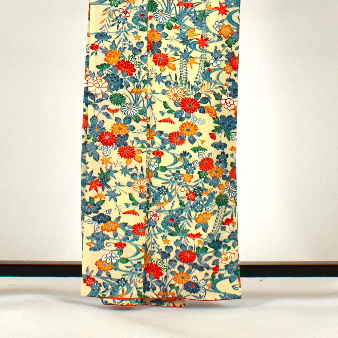 小紋 身丈163cm 裄丈66cm 袷 草花模様 ポリ Aランク クリーム系 1115001663415