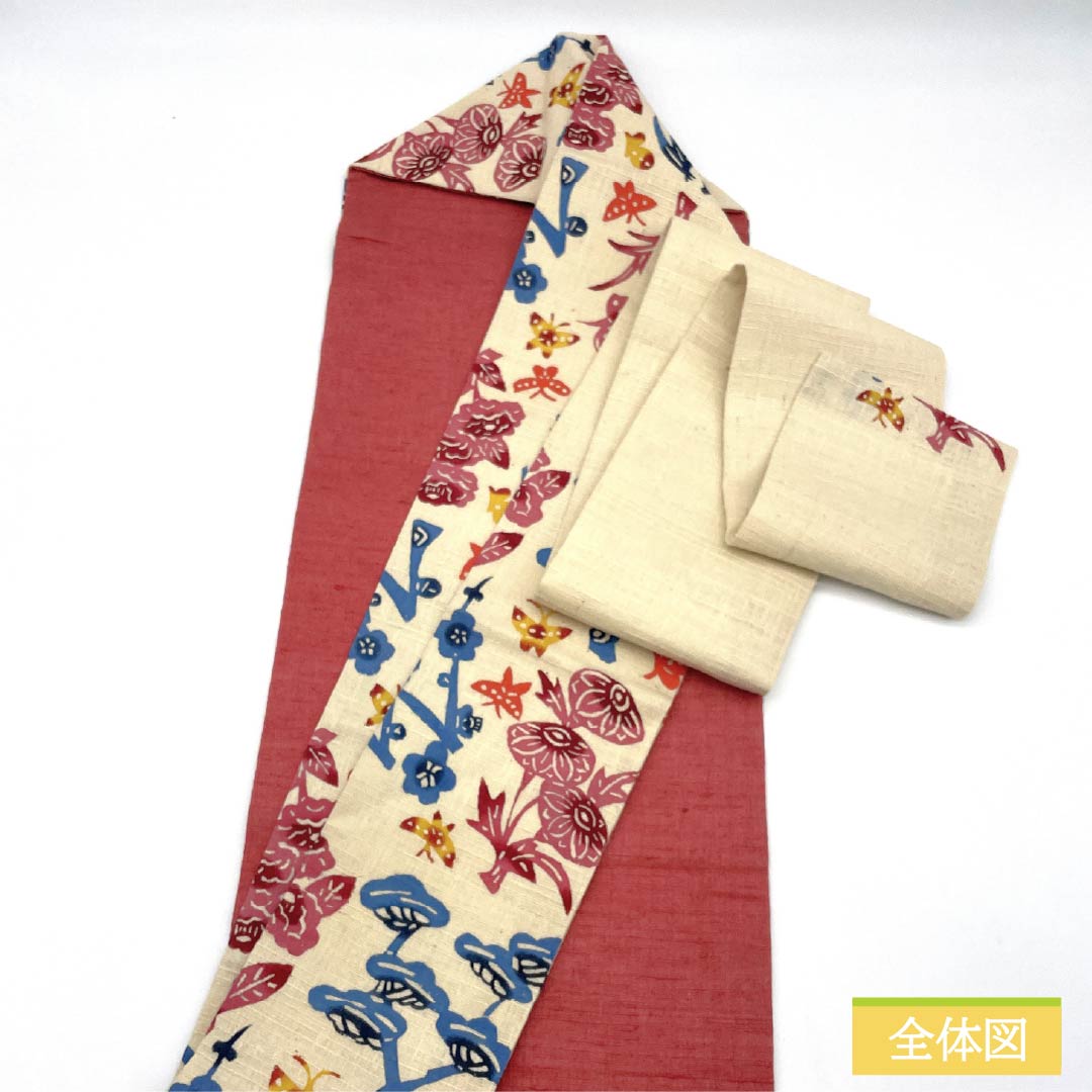 Nagoya Obi, Pure Silk, S-Rank, Natural Color (Kinari-iro), Stencil-Dyed, Tsumugi Fabric, Bingata Style, Length 369cm, Six-Ply, Casual, Cream-Tone, Product Number 1124009692315, Nagoya Style