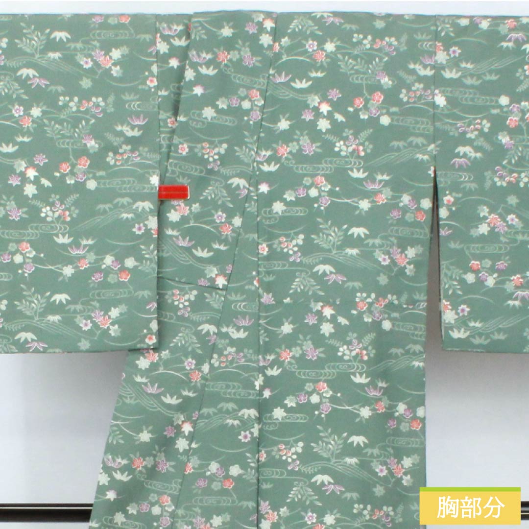 小紋 ポリエステル 身丈158.5cm 裄丈63cm 袷 山藍摺色(やまあいずりいろ) 洗える着物 草木模様 Aランク 緑系 1115005143319
