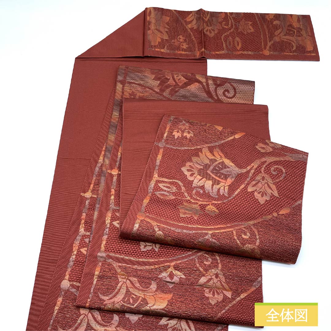 名古屋帯 牛血紅色(ぎゅうけつこういろ) 抽象花模様 帯丈358cm 正絹 Sランク 六通 カジュアル 朱系 1124008072316 松葉仕立て
