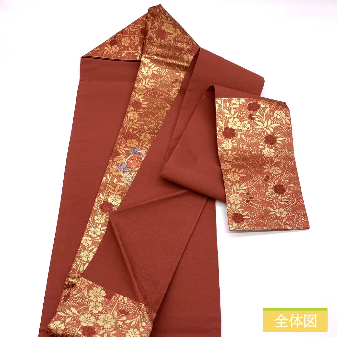 名古屋帯 吾木香色(われもこういろ) 松 刺繍 花模様 帯丈358cm 正絹 Sランク ポイント柄 セミフォーマル 朱系 1124008392316 名古屋仕立て