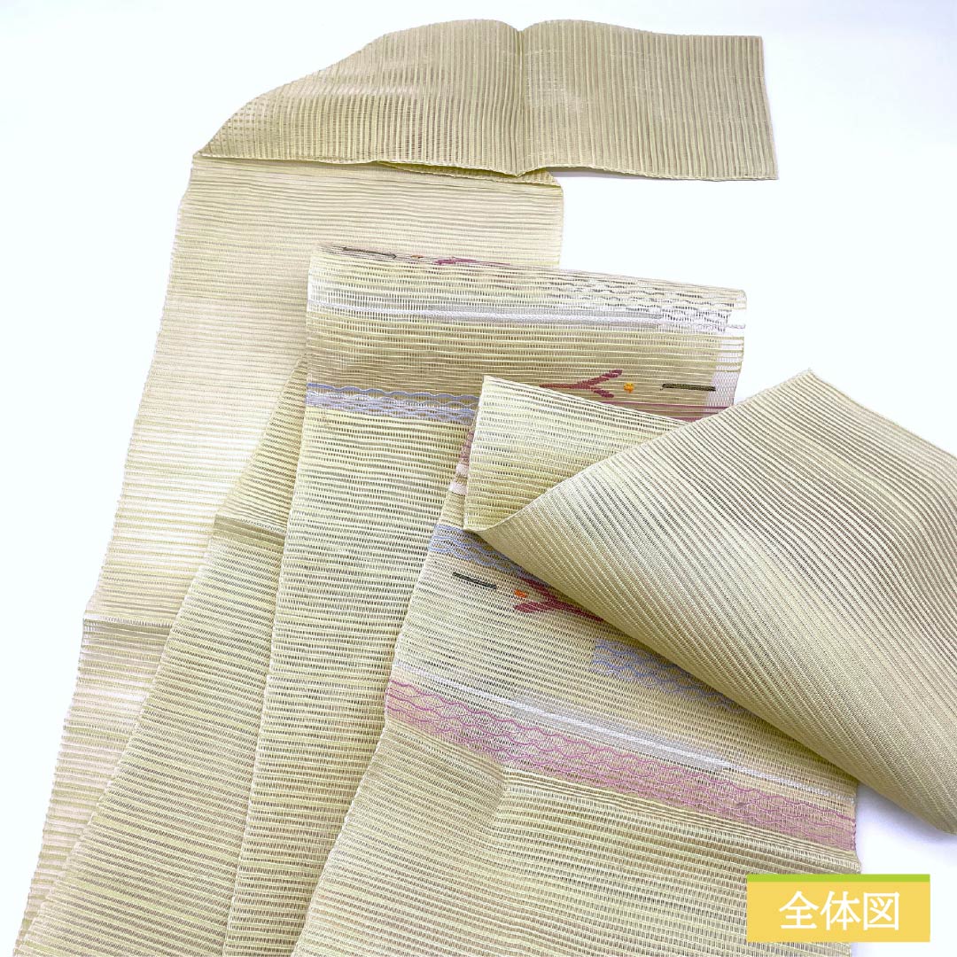 Nagoya Obi, Sulfur-Colored (Iouiro), Summer Obi, Comb Weave, Abstract Pattern, 365cm Long, Pure Silk, S-Rank, Pointed Pattern, Casual, Green, Pine Needle Style, Product Number: 1124008642319