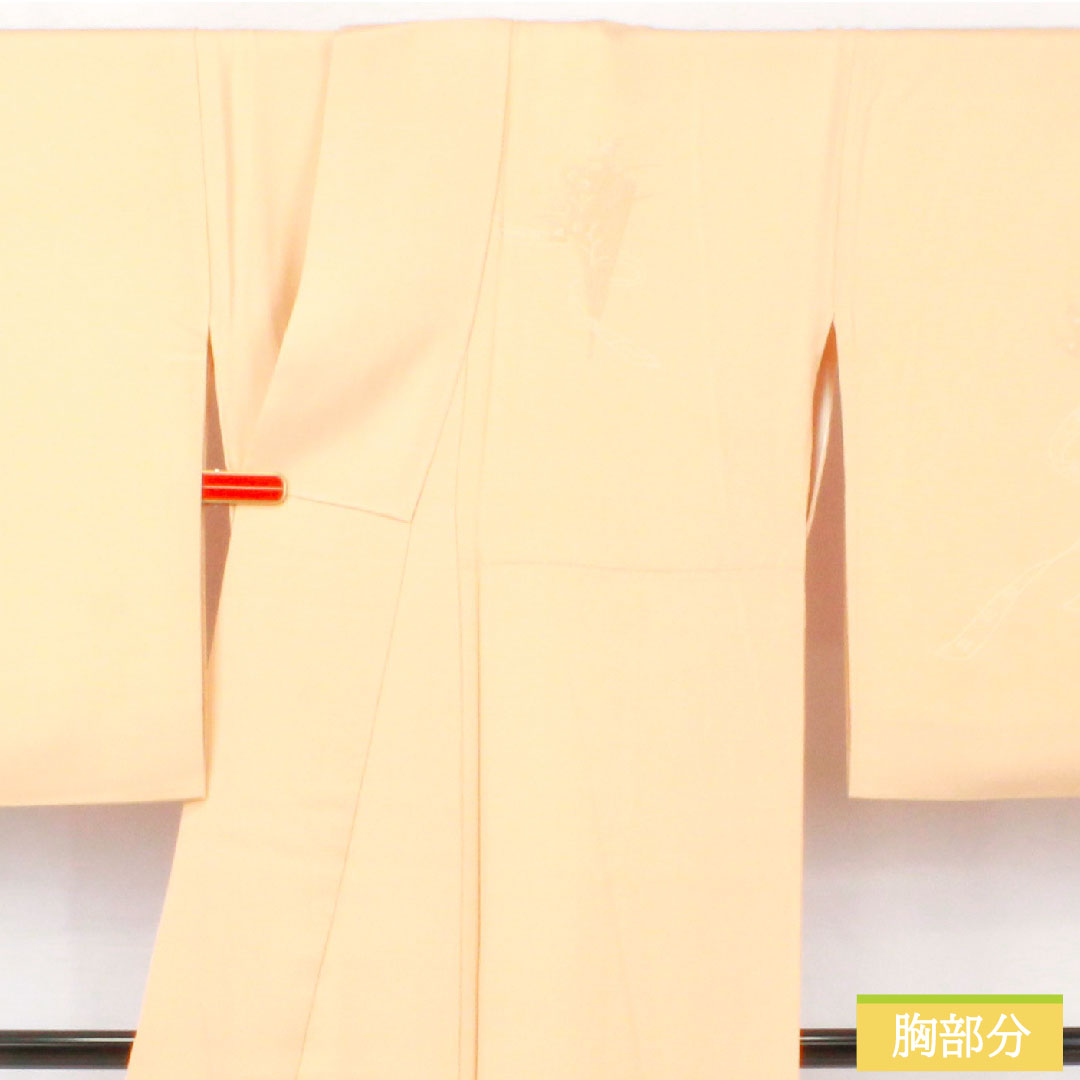 訪問着 正絹 袷 身丈161.5cm 裄丈66.5cm 肌色(はだいろ) 相良刺繡 扇子 鶴 一つ紋 上り藤に大の字 Aランク 橙系 1112005563426