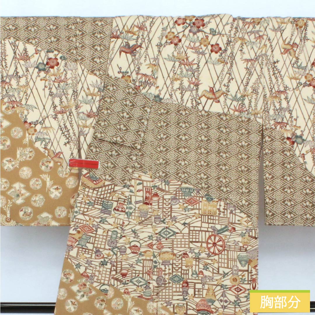 訪問着 正絹 Aランク 袷 身丈164cm 裄丈68cm 胡桃色(くるみいろ) 京紅型 吉祥文様 割付文様 古典柄 しつけ糸付き ベージュ系 1112006713425