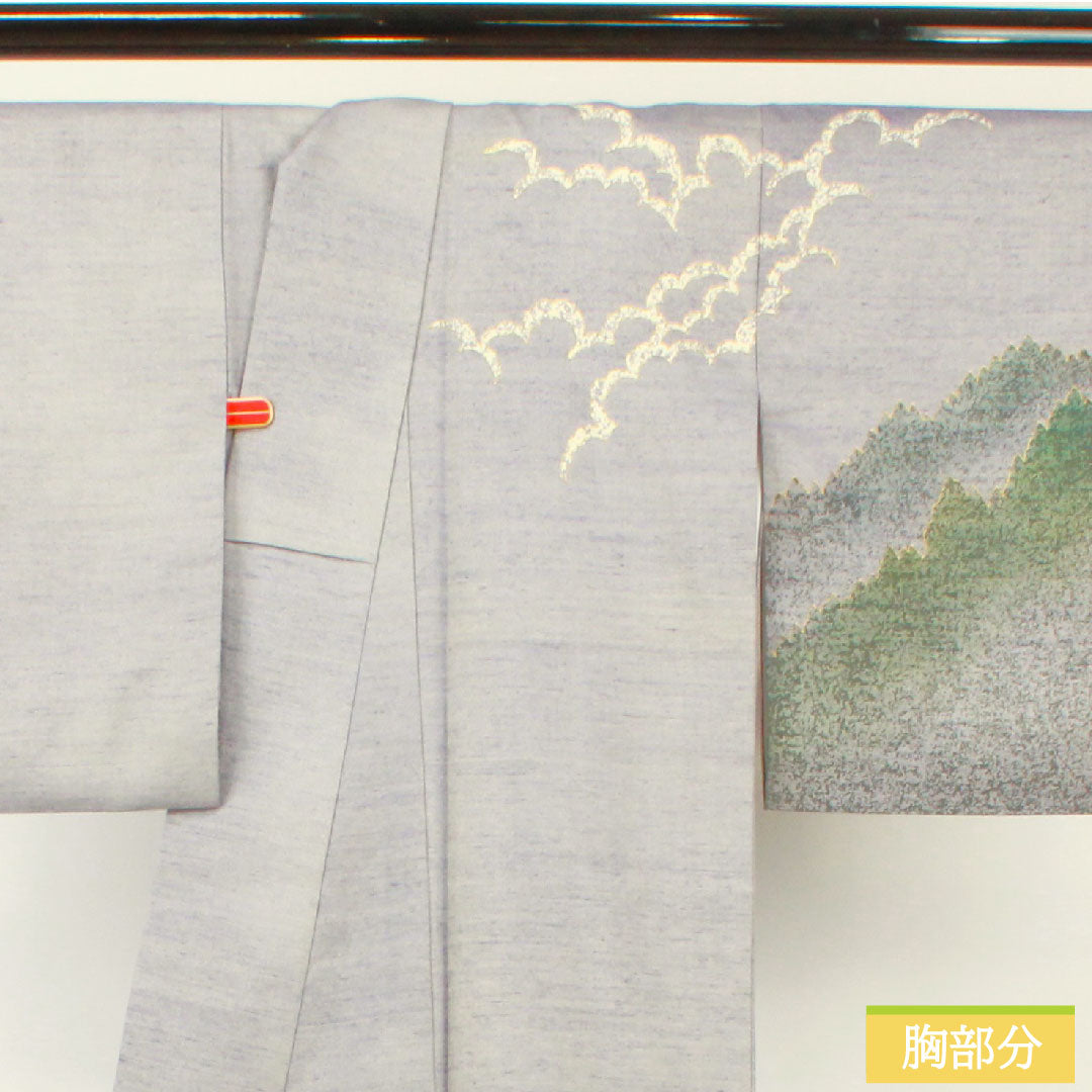 訪問着 正絹 袷 身丈162.5cm 裄丈63cm つるば鼠色(つるばねずいろ) 紬地 風景模様 金通し 作家物 Sランク 紫系 1112004572420