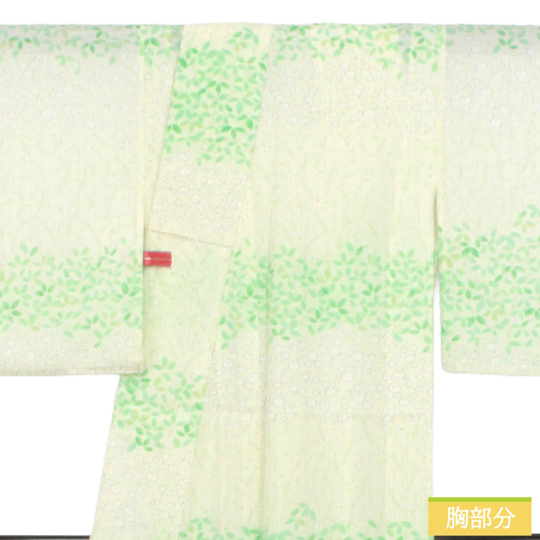 夏物 ポリエステル 小紋 Sランク 身丈161.5cm 裄丈64.5cm 乳白色(にゅうはくしょく) 型染 葉模様 横段 絽 白系 1132004952411
