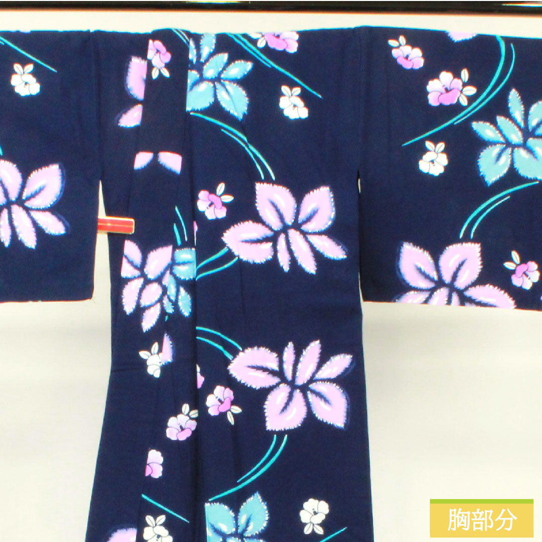 Yukata Cotton Length 156cm Sleeve length 64.5cm S rank Single layer Navy Deep navy Iris Camellia 1118005182318