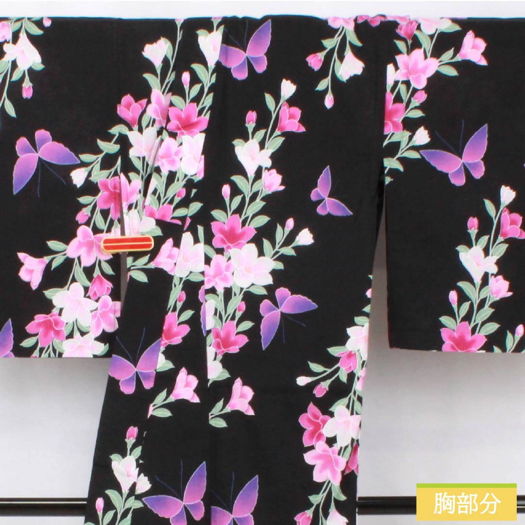 Cotton Yukata, Length 163cm, Sleeve Length 64cm, S Rank, Single Layer, Black, Iron Wire, Butterfly Design, 1118006082410