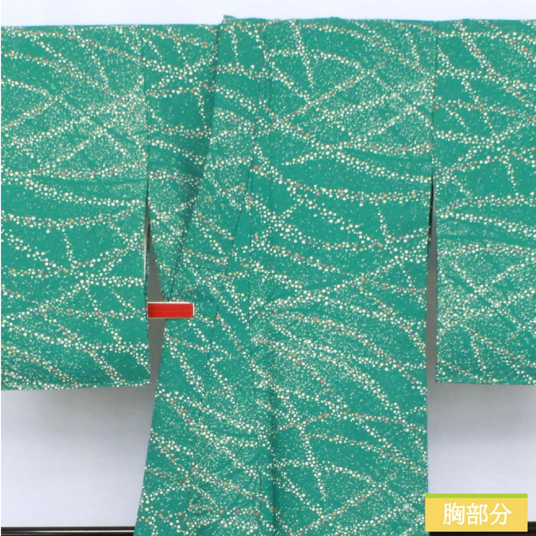 Komon (small pattern) kimono, polyester, length 156cm, sleeve length 64cm, lined, medium indigo blue (nakanoaiiro), polka dot pattern, washable, with basting thread, S rank, green, 1115006222319