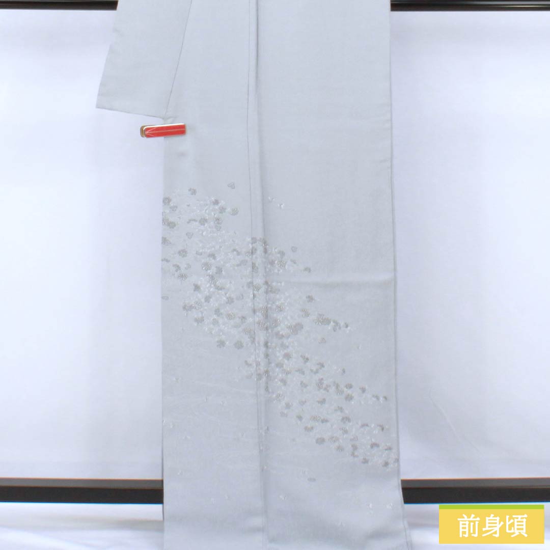 訪問着 正絹 Bランク 袷 身丈168cm 裄丈62cm 白銅色(はくどういろ) 蘇州刺繡 草花 流水 しつけ糸付き グレー系 1112007524522
