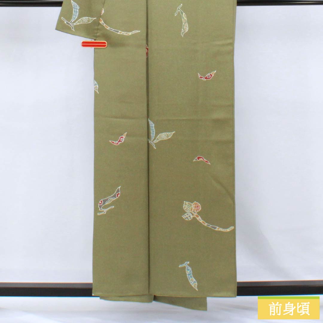小紋 正絹 Aランク 身丈155cm 裄丈68cm 袷 利休生壁色(りきゅうなまかべいろ) 京野菜 緑系 1115007063319