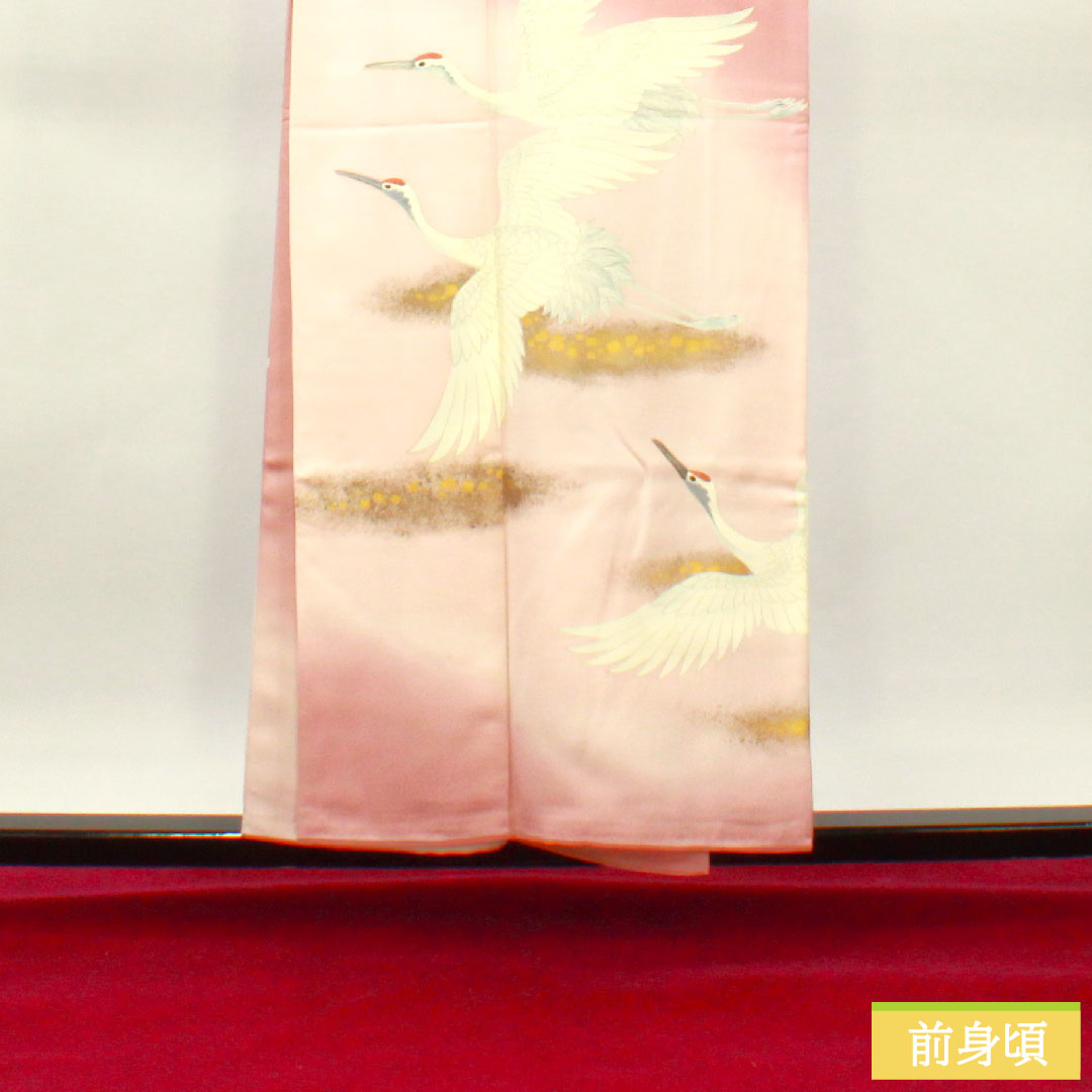 色留袖 正絹 身丈154.5cm 裄丈62.5cm 袷 退紅色(あらそめいろ) 京友禅 鶴 三つ紋 違い鷹の羽 Sランク 三つ紋 ピンク系 1111001232213