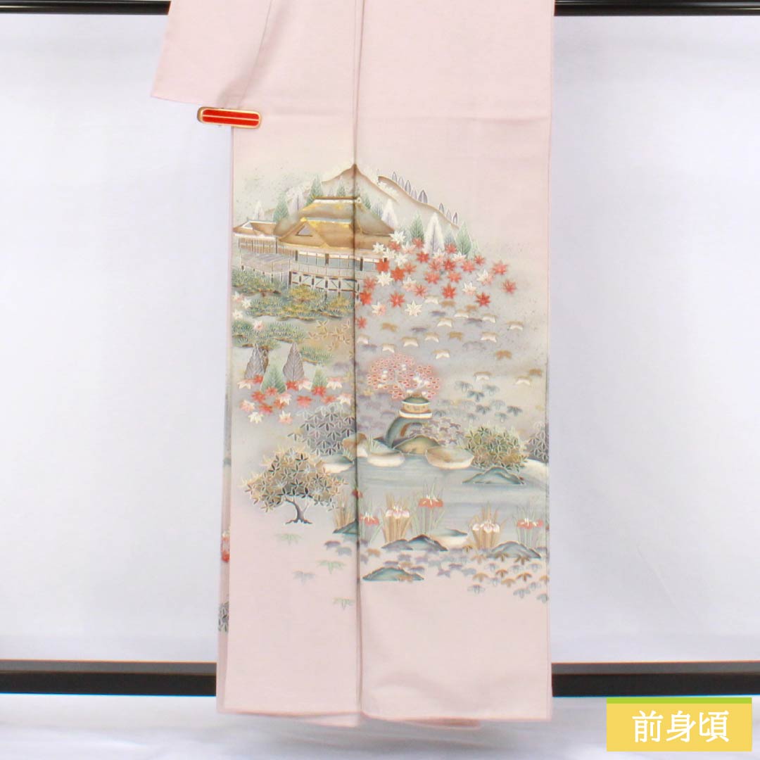 色留袖 正絹 Aランク 身丈157.5cm 裄丈62cm 袷 桜色(さくらいろ) 一つ紋 下り藤 京友禅 風景模様 作家物 しつけ糸付き 一つ紋 ピンク系 1111002003313