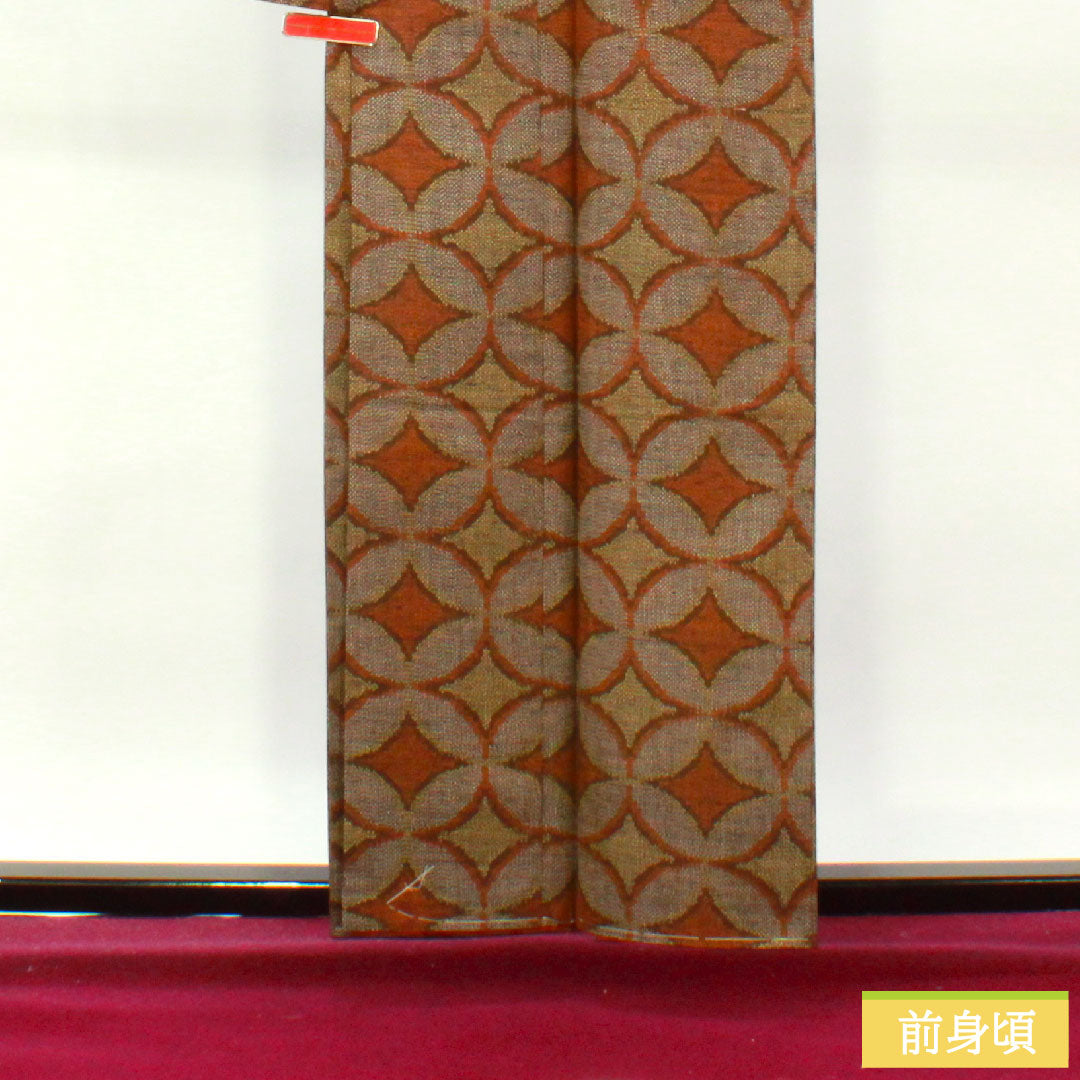 Tsumugi, pure silk, length 158cm, sleeve length 62.5cm, Shippo, A rank, lined, brown, 1116003543314