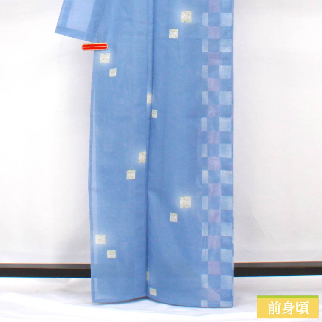 夏物 ポリエステル 小紋 身丈165cm 裄丈67.5cm 紺藤色(こんふじいろ) 市松模様 洗える着物 絽 Aランク 青系 1132002183517