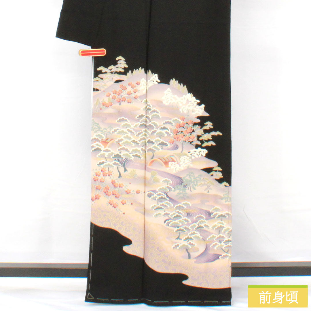 黒留袖 正絹 身丈162.5cm 裄丈62cm 袷 京友禅 風景模様 五つ紋 剣片喰 しつけ糸付き 未使用品 Sランク 黒系 1111001572410