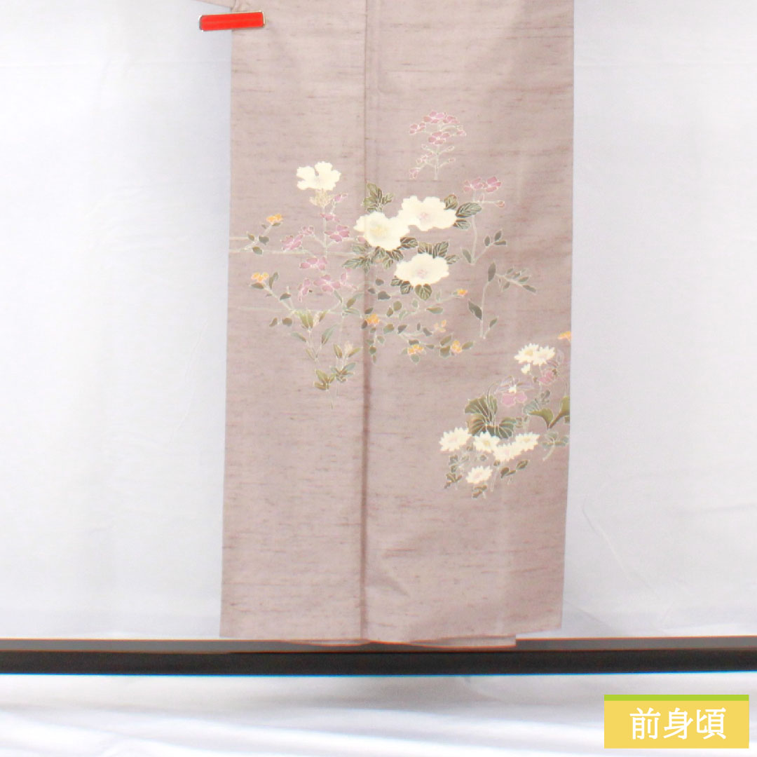 訪問着 正絹 袷 身丈151.5cm 裄丈61cm 鈍紫色(にびむらさきいろ) 紬地 牛首紬 草花模様 Sランク 紫系 1112005332220