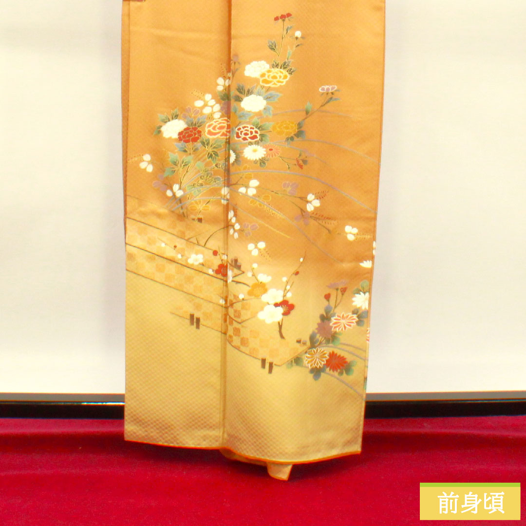 訪問着 袷 身丈163cm 裄丈66cm 枇杷茶色 京友禅 草花模様 正絹 Sランク 茶系 1112003912414