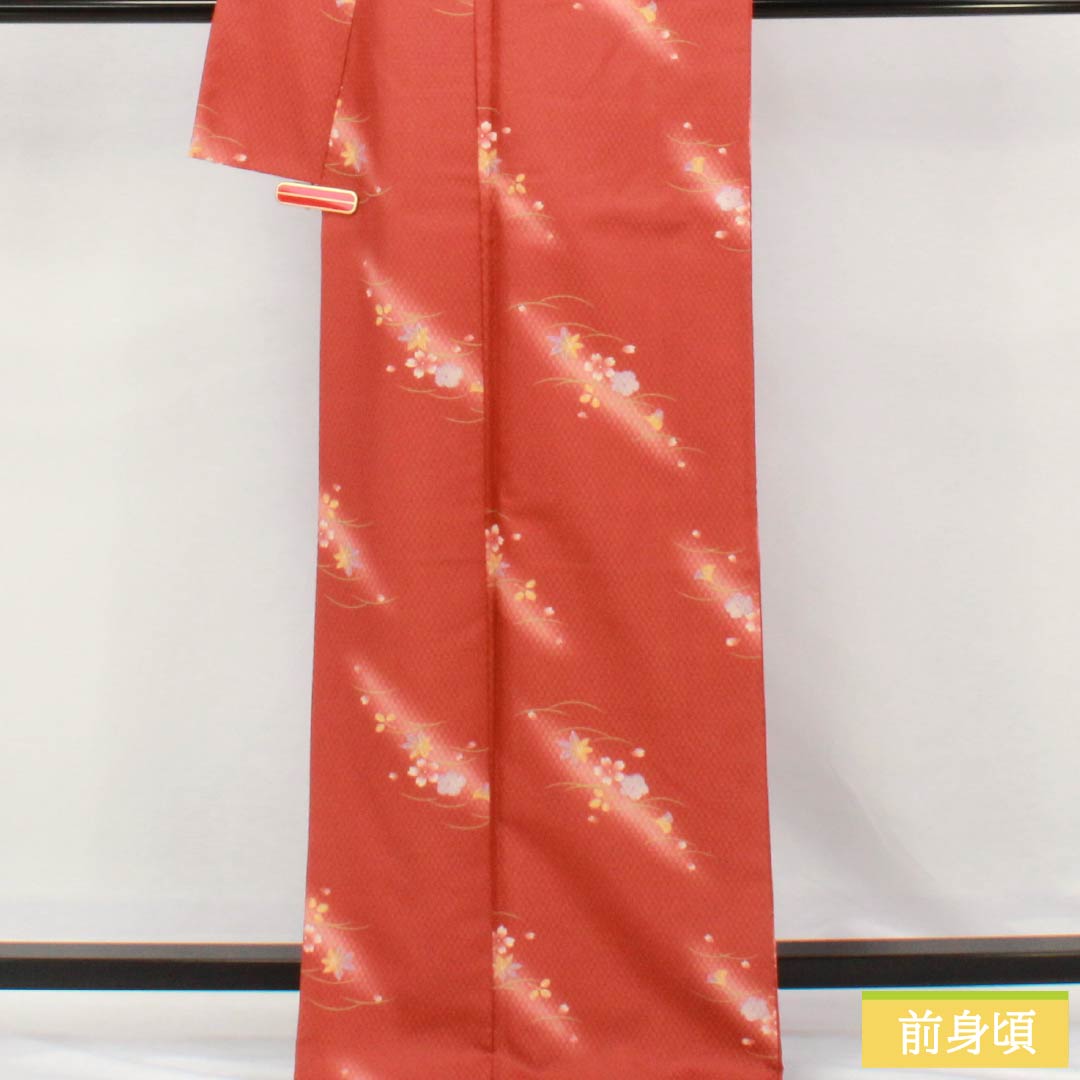 小紋 ポリエステル Sランク 身丈169cm 裄丈68cm 袷 紅唐色(べにとういろ) 小花 洗える着物 赤系 1115006922512