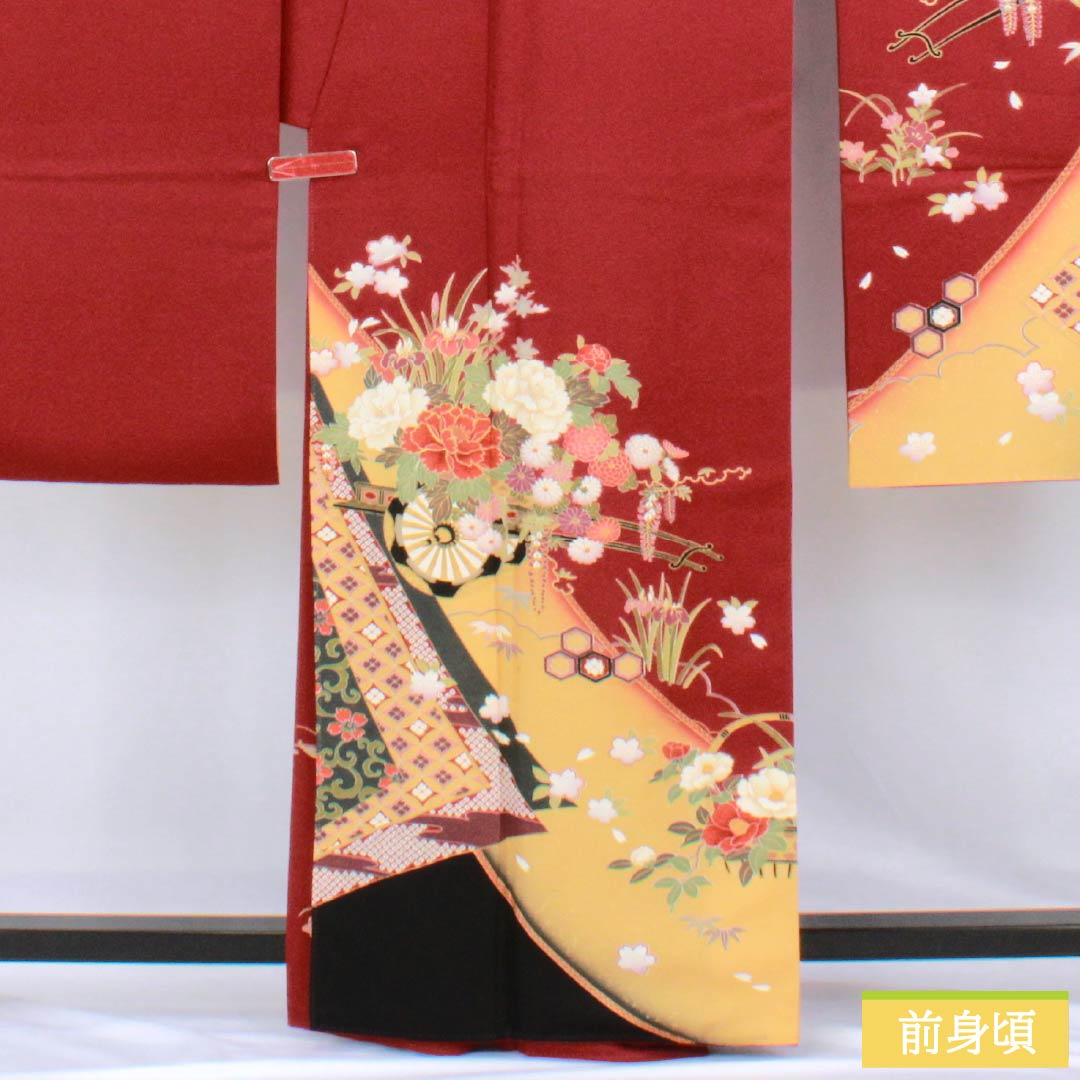 Furisode Pure Silk S Rank Length 163cm Sleeve length 67.5cm Lined Deep Red Kyo-Yuzen Flower Cart Red 1113002892412