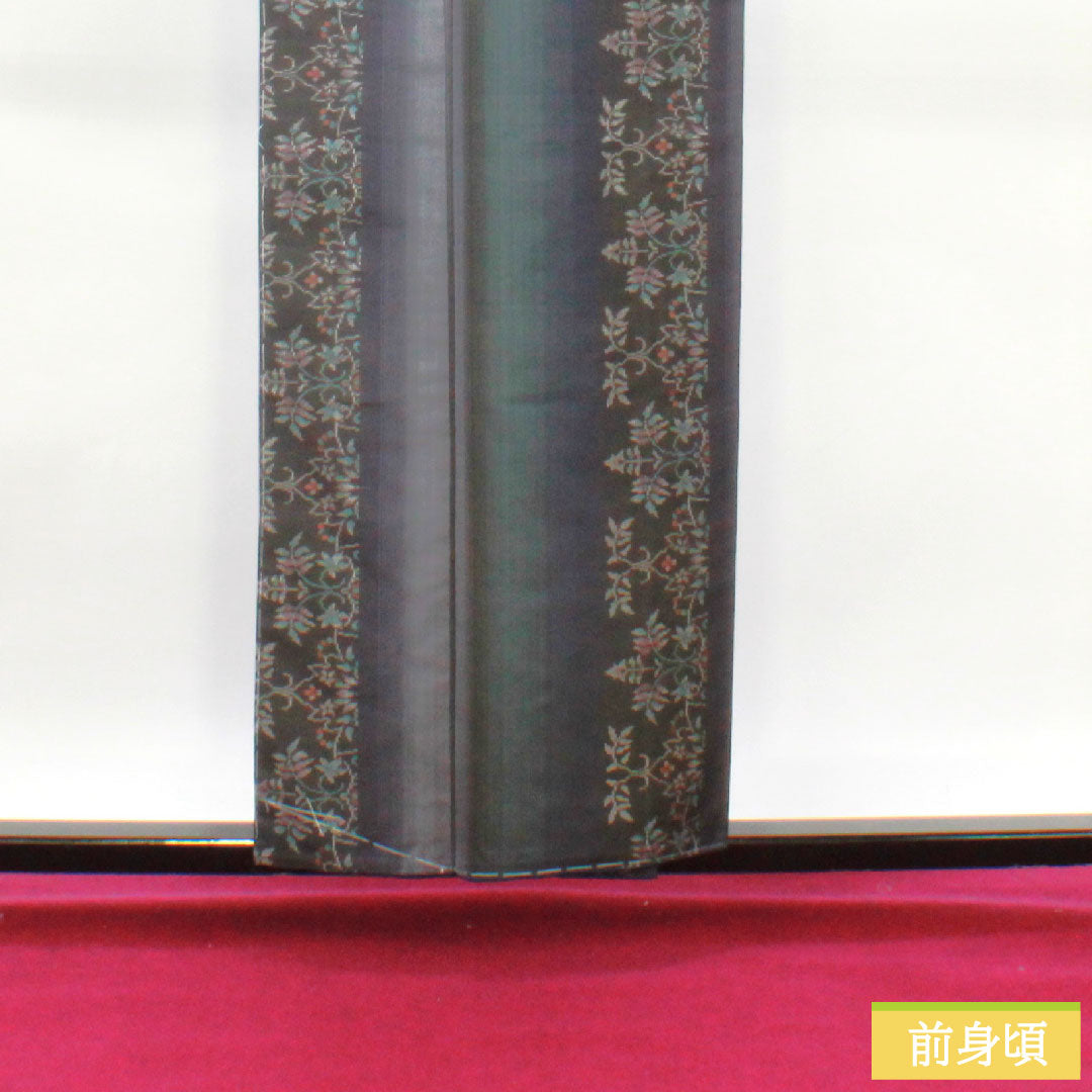 紬 正絹 身丈156cm 裄丈64.5cm 大島紬 経緯絣 縞 草花模様 Sランク 袷 茶系 1116003462314