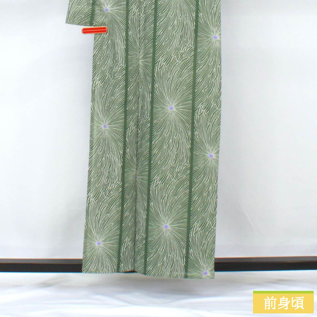 夏物 ポリエステル 小紋 身丈158cm 裄丈66cm 夏虫色(なつむしいろ) 乱菊 洗える着物 紗 Sランク 緑系 1132002162319