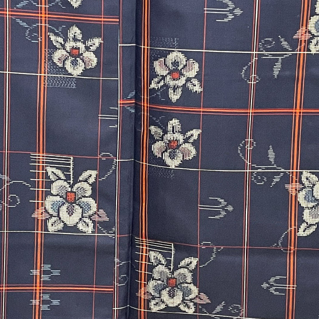 Murayama Oshima Length 160cm Sleeve length 64.5cm Ensemble Lattice Flower pattern Pure silk S rank Awase Navy 1116001932418