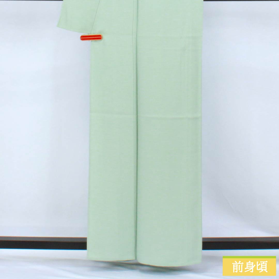 Solid-colored silk kimono, S rank, length 160.5cm, sleeve length 65.5cm, hisoku (hisoku) color, single crest, sword and katabami (sewn crest), green, single-layer, 1114002352419