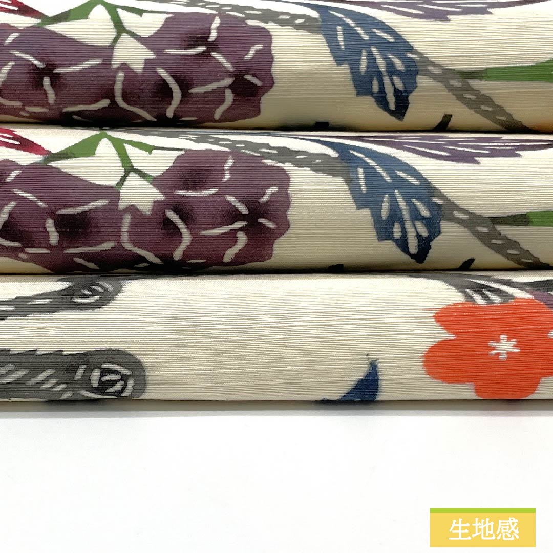 Nagoya obi, medium crimson flower color, Kyoto Bingata, pongee fabric, Bingata-style pattern, obi length 359cm, pure silk, A rank, six-pass, casual, cream color, 1124007333315, Nagoya style