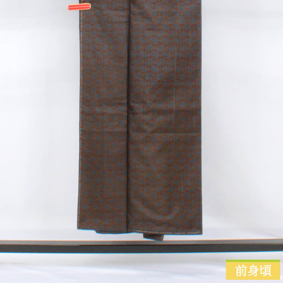 紬 正絹 Sランク 身丈148cm 裄丈63.5cm 憲法茶色(けんぽうちゃいろ) 市松 しつけ糸付き 袷 茶系 1116004802114