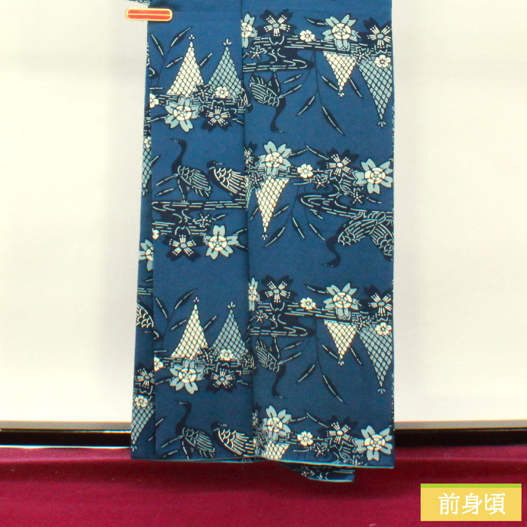 Komon, pure silk, length 158.5cm, sleeve length 65cm, lined, navy blue bellflower color, Kyoto Bingata, swan, cherry blossom, flowing water, S rank, navy blue, 1115004182318