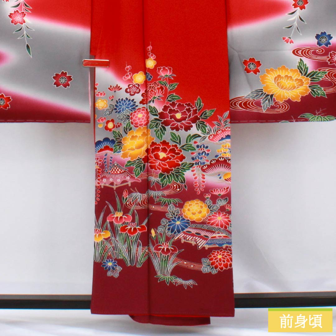 Furisode Pure Silk S Rank Length 157.5cm Sleeve-to-sleeve 65.5cm Lined Crimson Kyoto Bingata Auspicious Motifs Pine Cherry Red 1113002312312