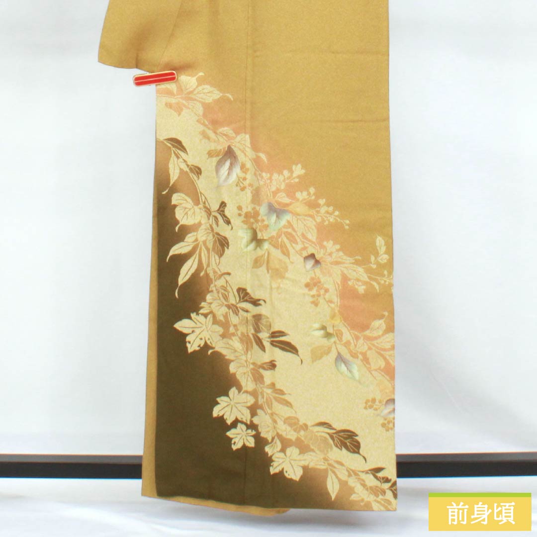 訪問着 正絹 Sランク 袷 身丈159cm 裄丈67cm 梅谷渋色(うめやしぶいろ) 付下げ 京友禅 蒔蝋縮緬 作家物 草花 黄系 1112007652323