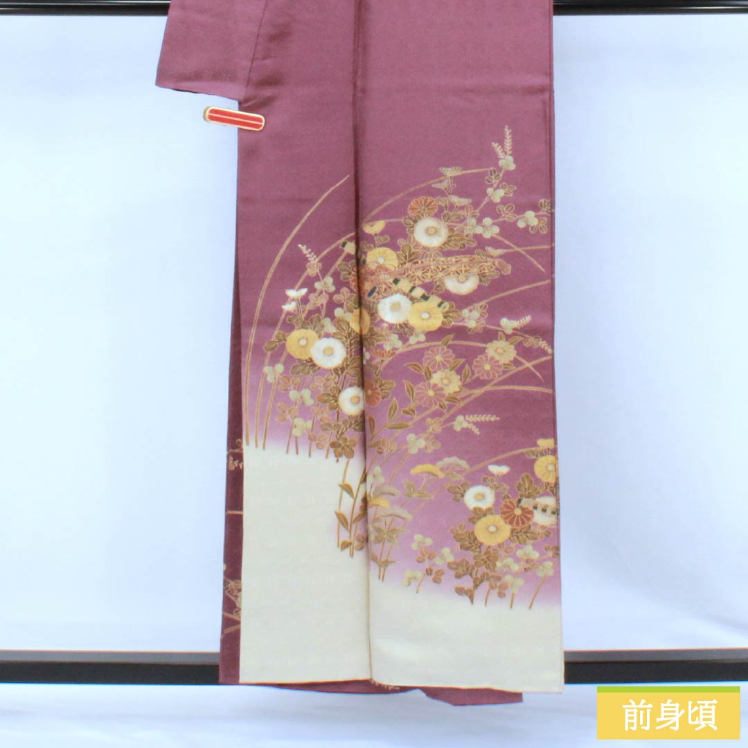 Visiting Kimono, Pure Silk, S Rank, Lined, Length 155.5cm, Sleeve Length 63cm, Crimson (Mekkouiro) Color, Kyoto Yuzen, Sewn Crest, Snow Rings with Different Hawk Feathers, Chrysanthemums, Hagi, Purple, Item Number: 1112006812320