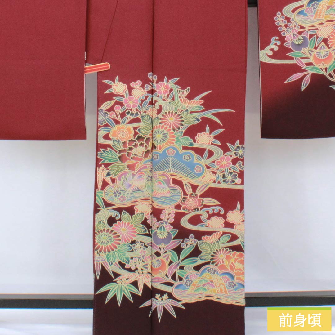 振袖 正絹 Sランク 身丈164cm 裄丈67cm 袷 臙脂色(えんじいろ) 京紅型 吉祥文様 ちりめん地 パールトーン加工 赤系 1113002492412