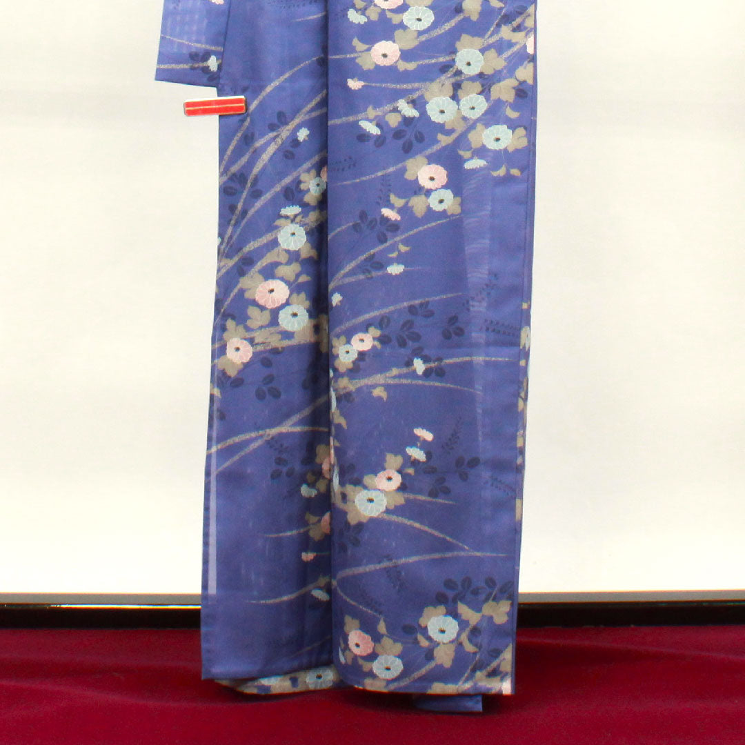 夏物 ポリエステル 小紋 身丈164cm 裄丈64cm 紺藤色(こんふじいろ) 菊 萩 洗える着物 絽 Sランク 青系 1132001742417