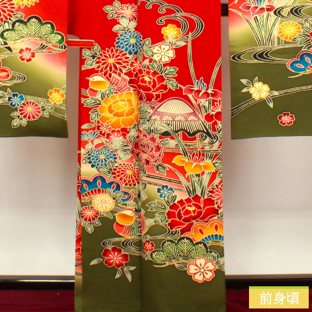 Furisode, pure silk, length 163cm, sleeve length 66.5cm, lined, scarlet, Kyoto Bingata, auspicious motif, S rank, red, 1113001852412