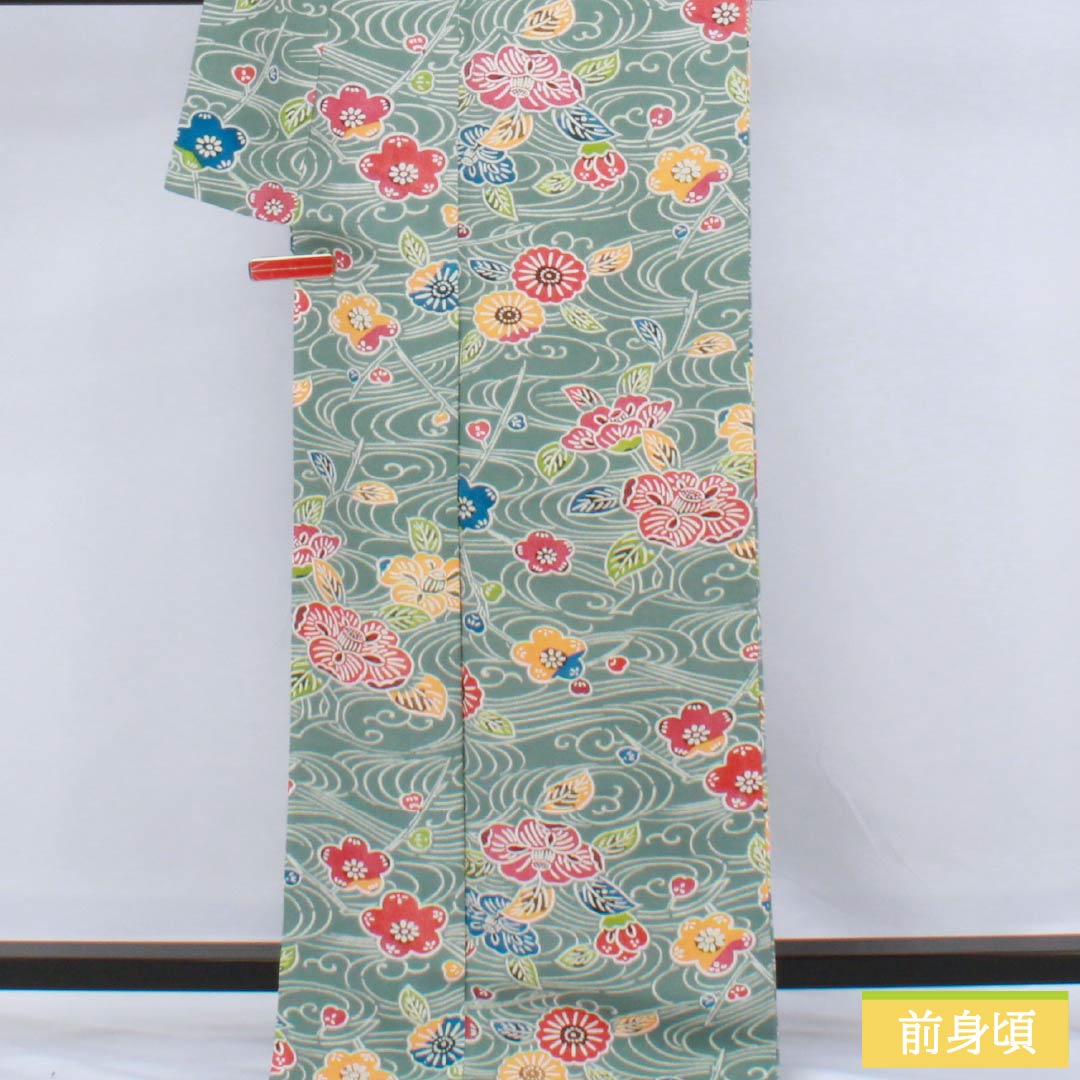 小紋 正絹 身丈169.5cm 裄丈68.5cm 袷 山藍摺色(やまあいずりいろ) 京紅型 ちりめん地 流水 草花模様 Aランク 青系 1115006163517