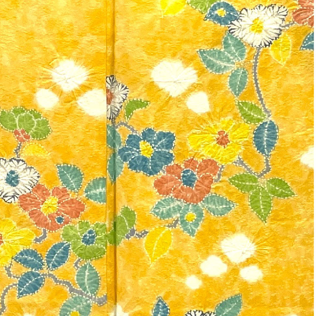 Komon, Length 159cm, Sleeve length 63cm, Awase, Shibori, Floral pattern, Pure silk, B rank, Yellow, 1115001924323