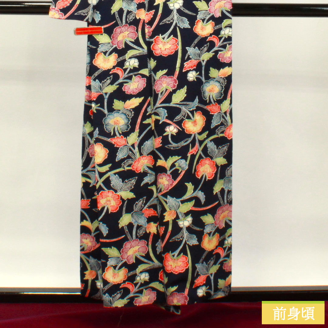 Small pattern, pure silk, length 155cm, sleeve length 62.5cm, lined, navy blue bellflower color, Kyoto Bingata, floral pattern, rank B, navy blue, 1115003784318