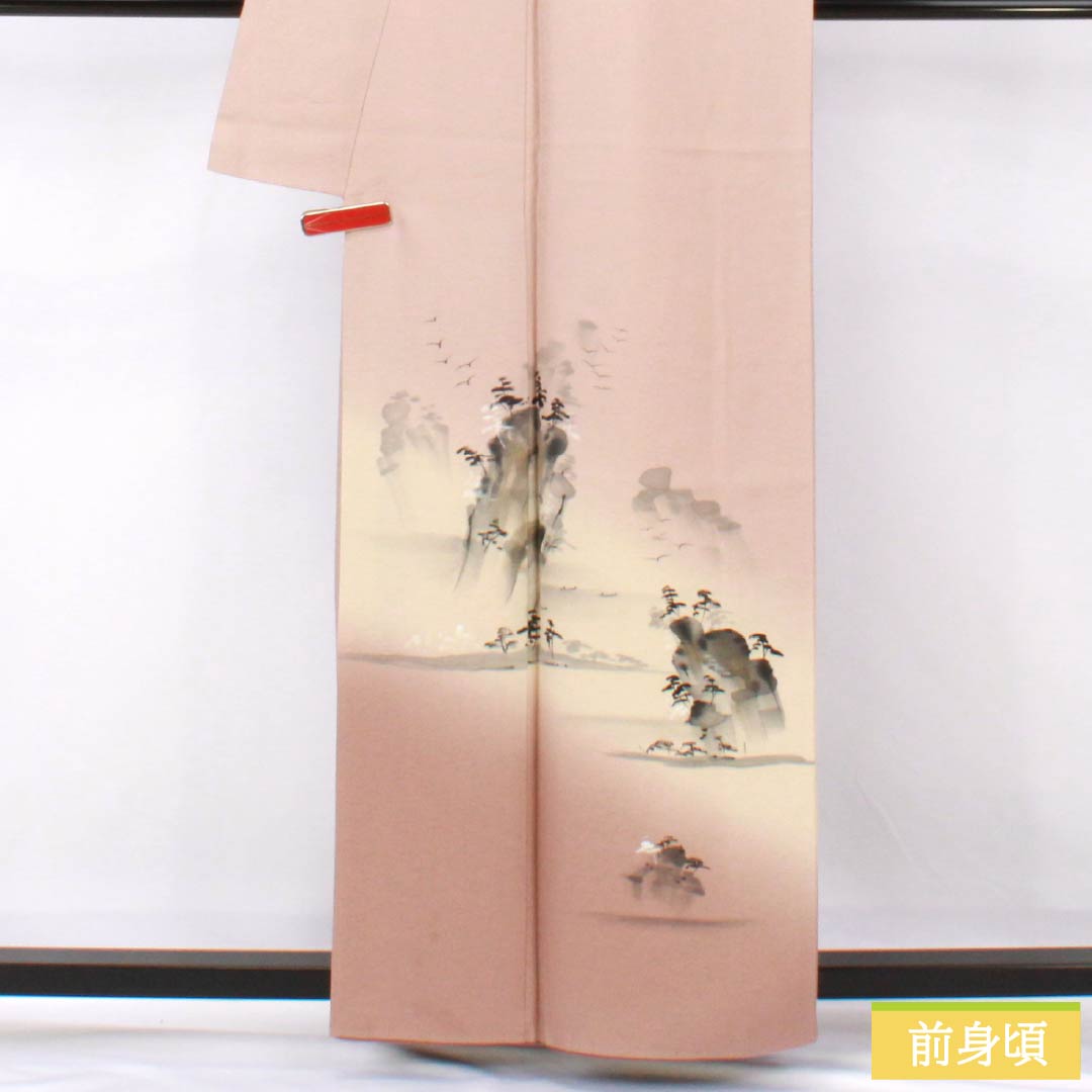 Visiting Kimono, Pure Silk, Grade A, Lined, Length 160cm, Sleeve Length 64cm, Faded Red (Arasomeiro), Hand-painted Landscape Painting, Pink, Product Number: 1112007153413
