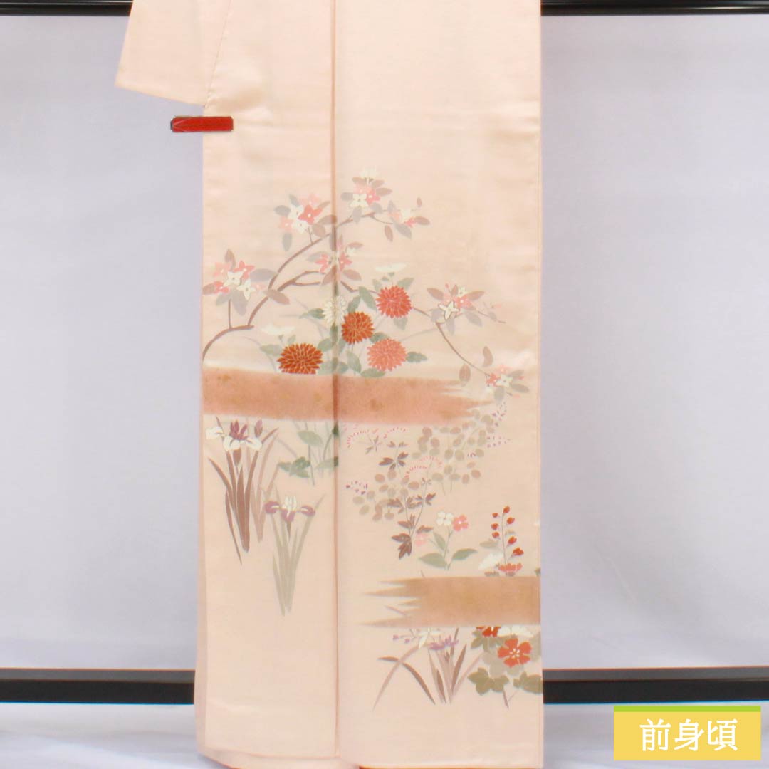 Visiting Kimono, Pure Silk, S Rank, Lined, Length 163.5cm, Sleeve Length 67cm, Light Color (Usunikuiro), Kyoto Yuzen, Plant Pattern, Orange, with Basting Thread, Product Number: 1112006672426