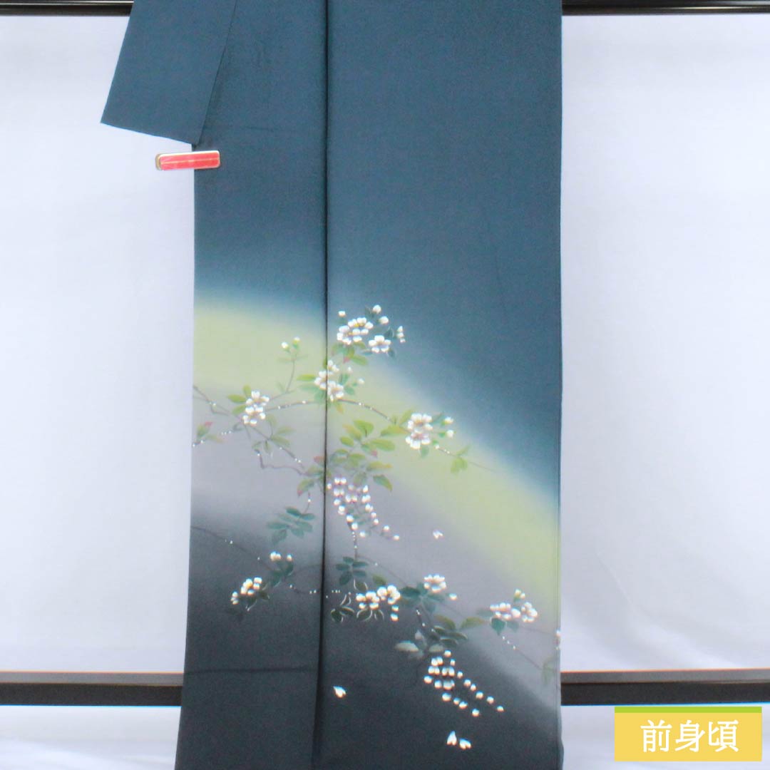 訪問着 正絹 Aランク 袷 身丈165.5cm 裄丈67cm 裏色(うらいろ) 京友禅 付下げ 草花 青系 1112006773517