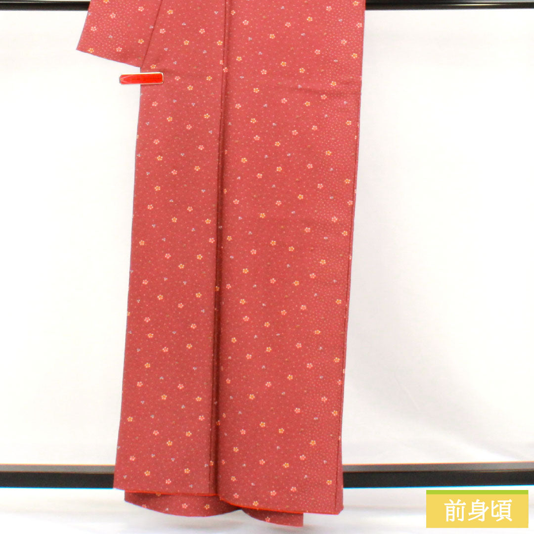 小紋 ポリエステル Sランク 身丈160cm 裄丈67cm 袷 椎鈍色(しいにびいろ) 洗える着物 抽象模様 赤系 1115007582412