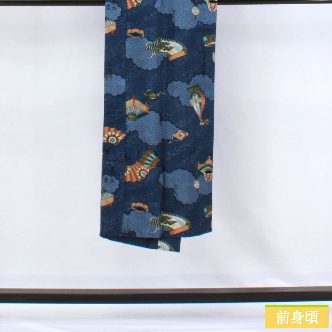 男物長襦袢 ウール Sランク 身丈135cm 裄丈65.5cm 紺瑠璃色(こんるりいろ) 雲取り 扇子 琵琶 単衣 青系 1140000672317