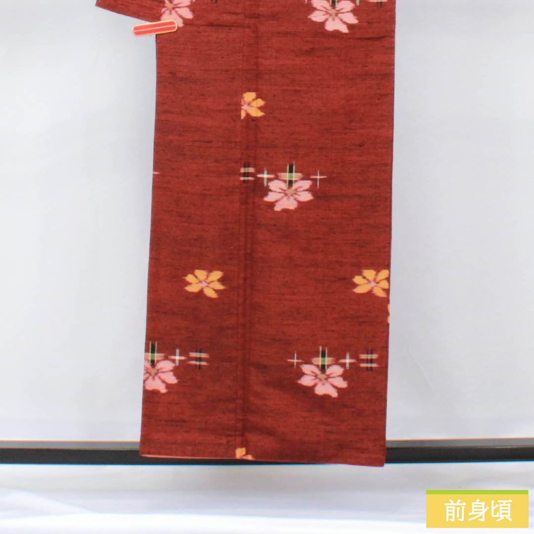 Tsumugi silk S rank, length 156cm, sleeve length 65cm, copper-red (shakudo-iro) flower pattern, kasuri, lined, brown, product number 1116003952314