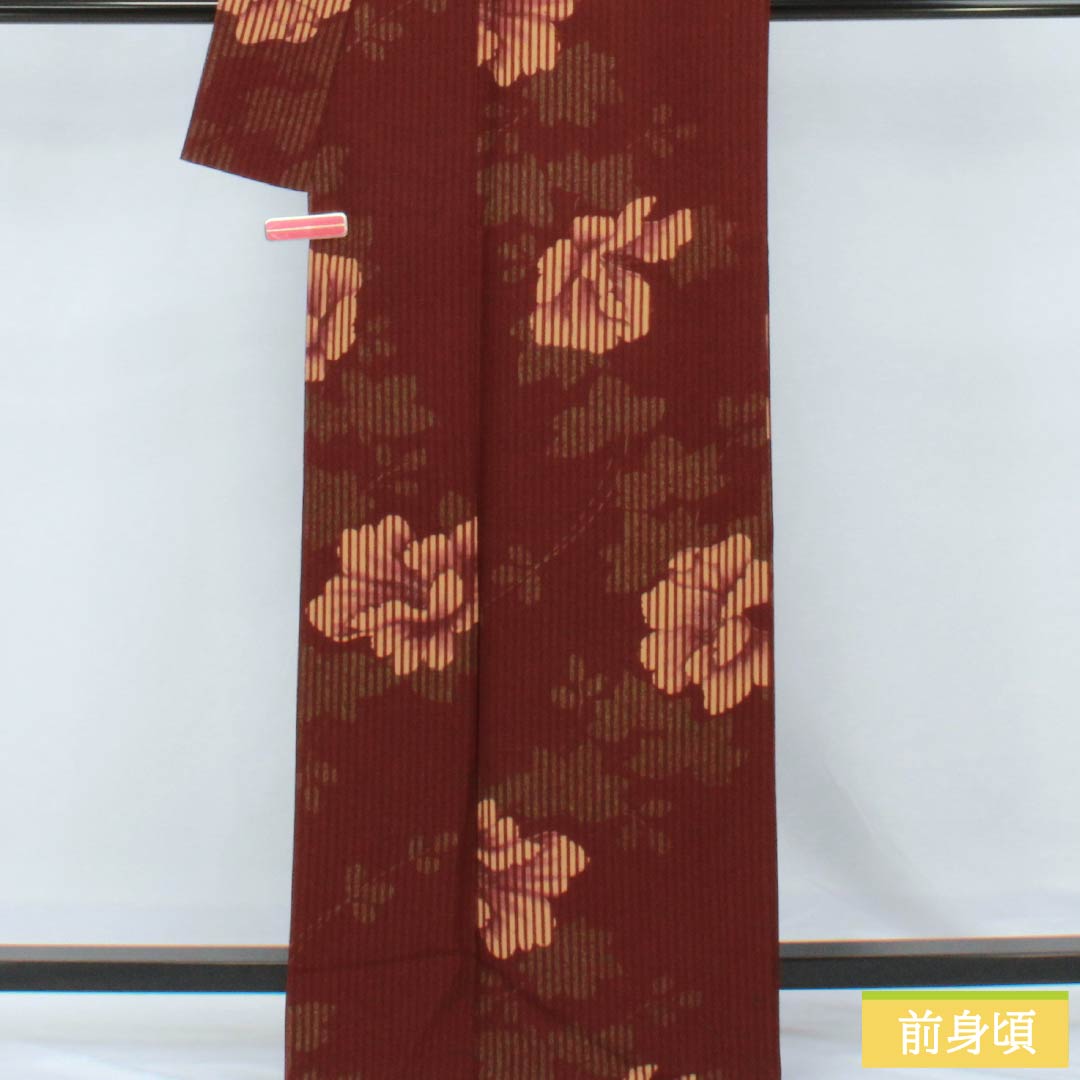 小紋 ポリエステル Sランク 身丈164cm 裄丈64.5cm 袷 深蘇芳色(ふかきすおういろ) 縞 皐月 洗える着物 赤系 1115006702412