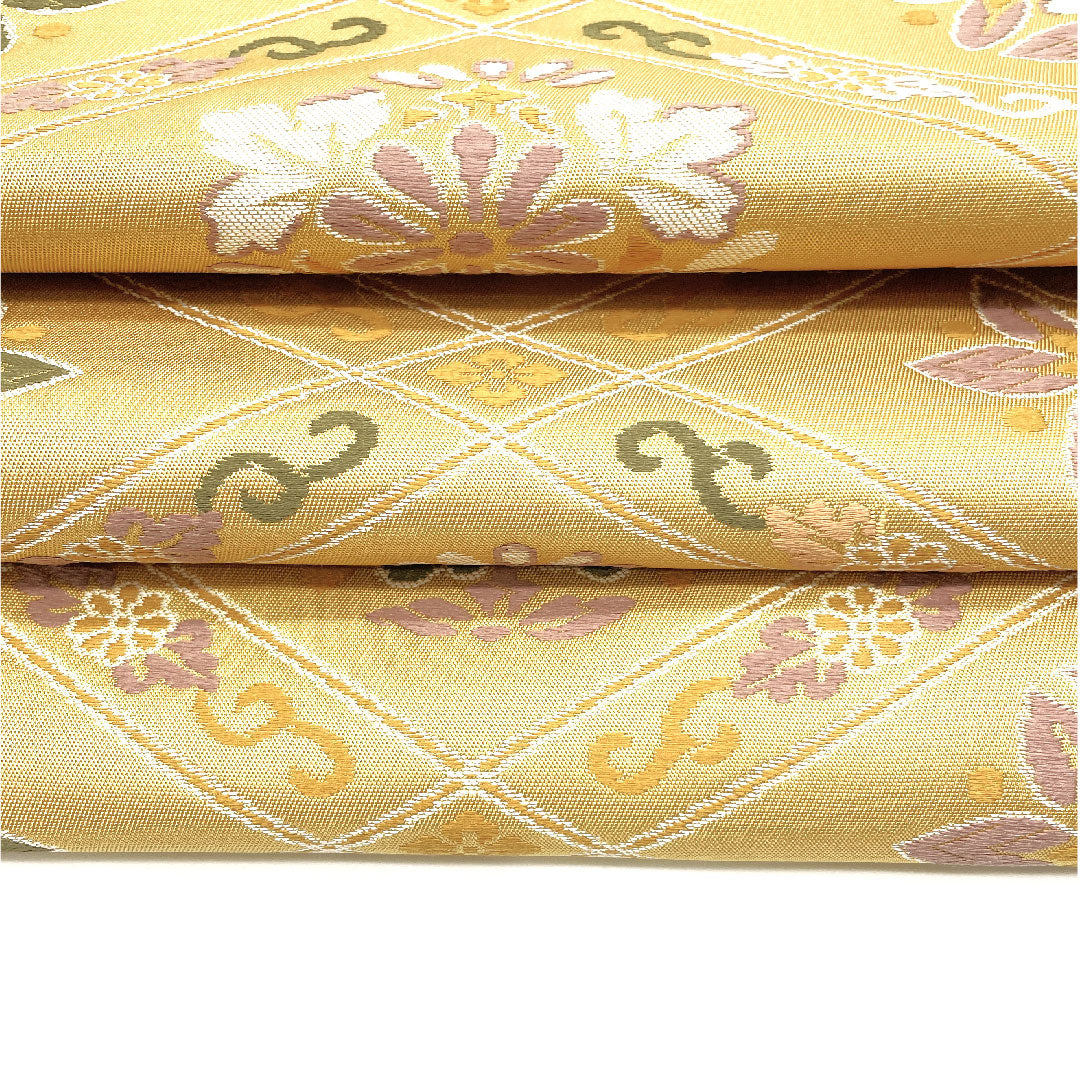 【Unhemmed】Fukuro Obi Silk NEW Rank Floral Hishimon Hitotsuginu Obi Length 452cm Rokutsu Semi-formal Yellow 1123002511423
