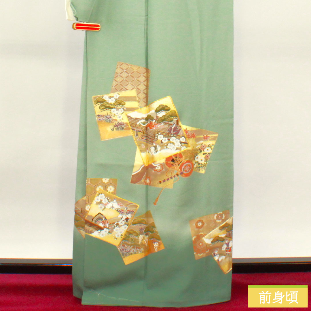 Colored Tomesode, pure silk, length 164.5cm, sleeve length 64.5cm, lined, celadon color, Kyoto Yuzen, period picture scroll pattern, circle with swallowtail butterfly, three crests, with basting thread, unused, S rank, three crests, green, 1111001212419