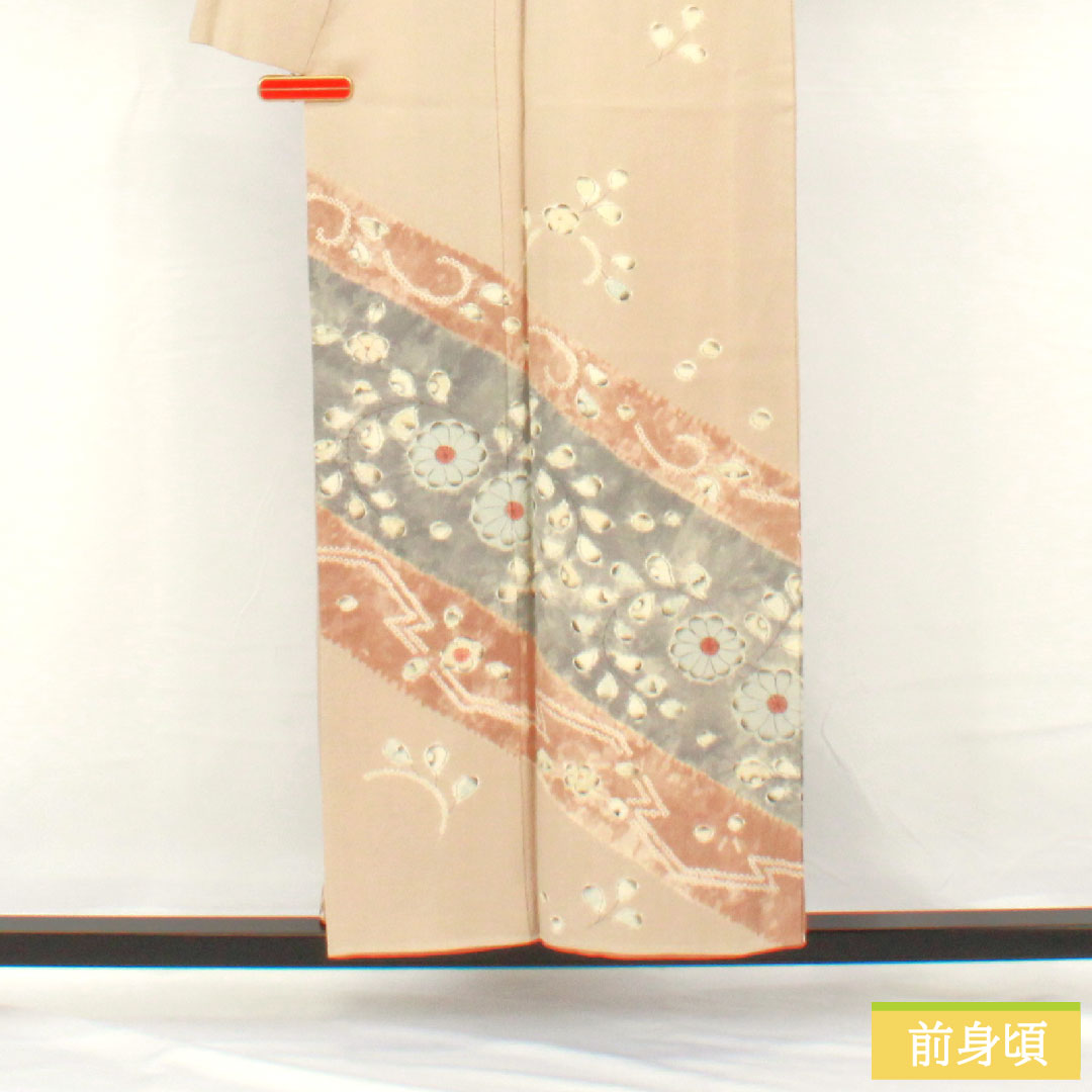 Homongi, pure silk, lined, length 152cm, sleeve length 61.5cm, light fragrance color, Tsujigahana pattern, with basting thread, S rank, beige, 1112006012225
